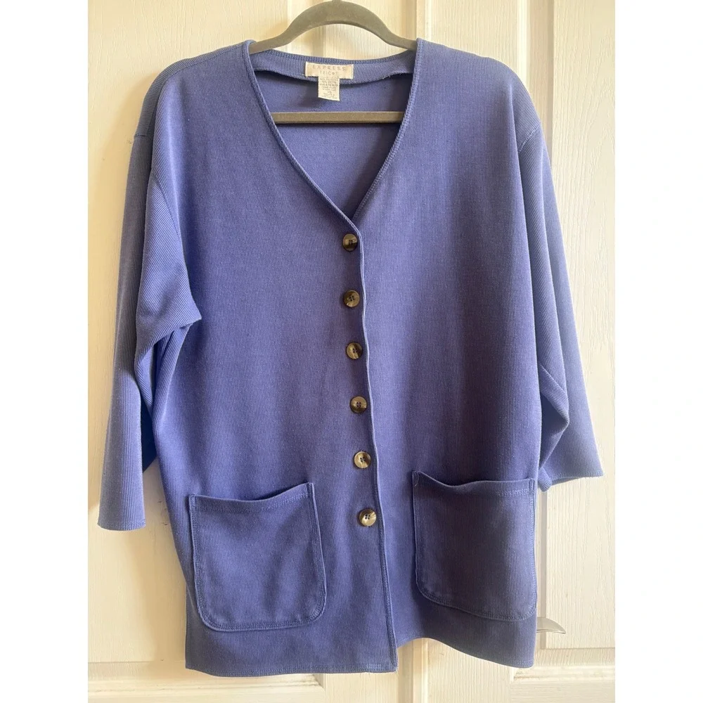 Vintage Express Tricot Cardigan Sweater Blue Ribbed Knit Button Front Pockets XS